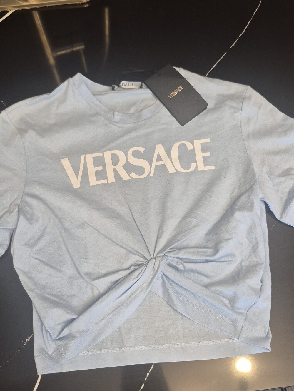 Versace Light Blue Logo Knot Front Tee